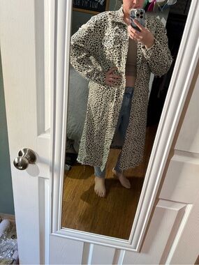Leopard Print Distressed Longline Denim Jacket- Size 2XL